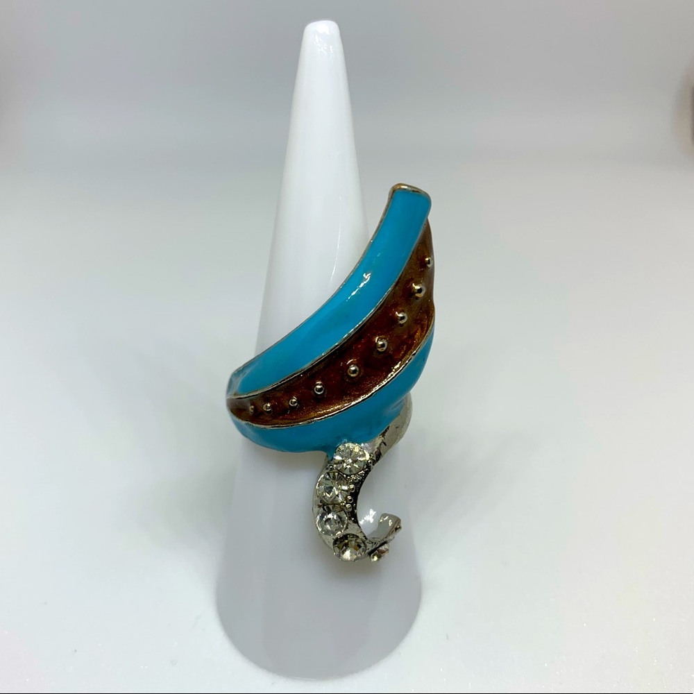 NEW Silver w Blue Brown Enamel Lacquer Rhinestone Ring
